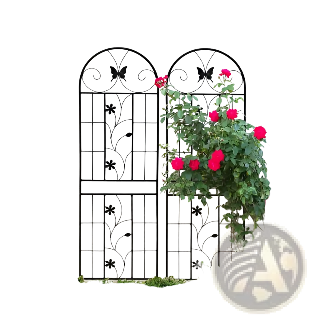 Black wrought iron garden trellis with arched top featuring rustproof butterfly and floral designs 71in 2 pack