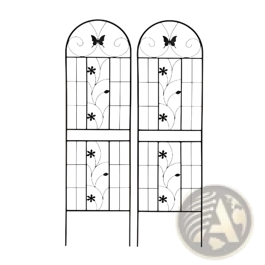 Black wrought iron garden trellis with arched top and floral butterfly design rustproof 71 inch 2 pack