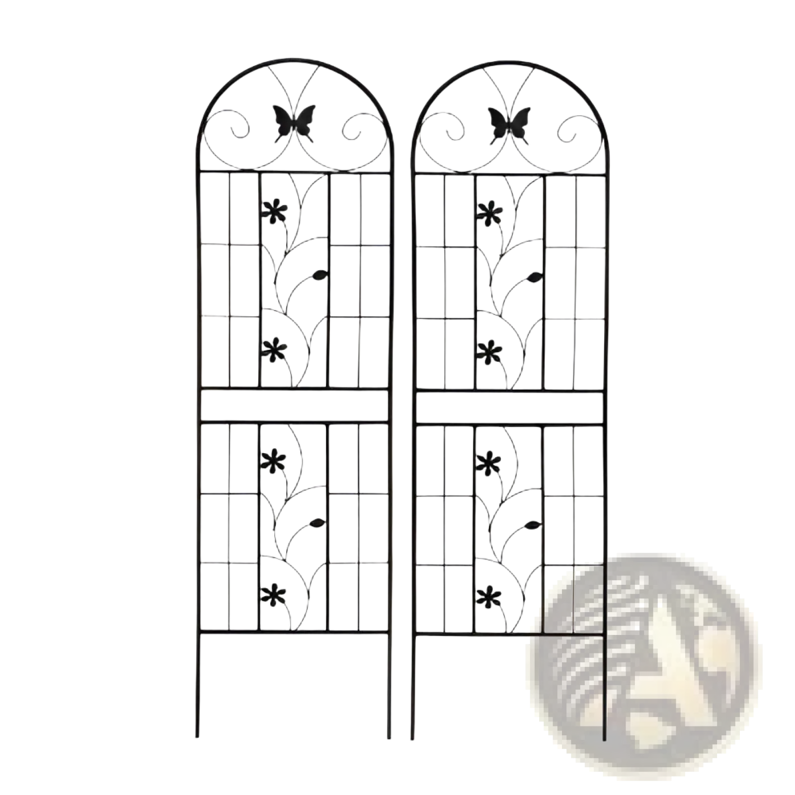 Black wrought iron garden trellis with arched top and floral butterfly design rustproof 71 inch 2 pack