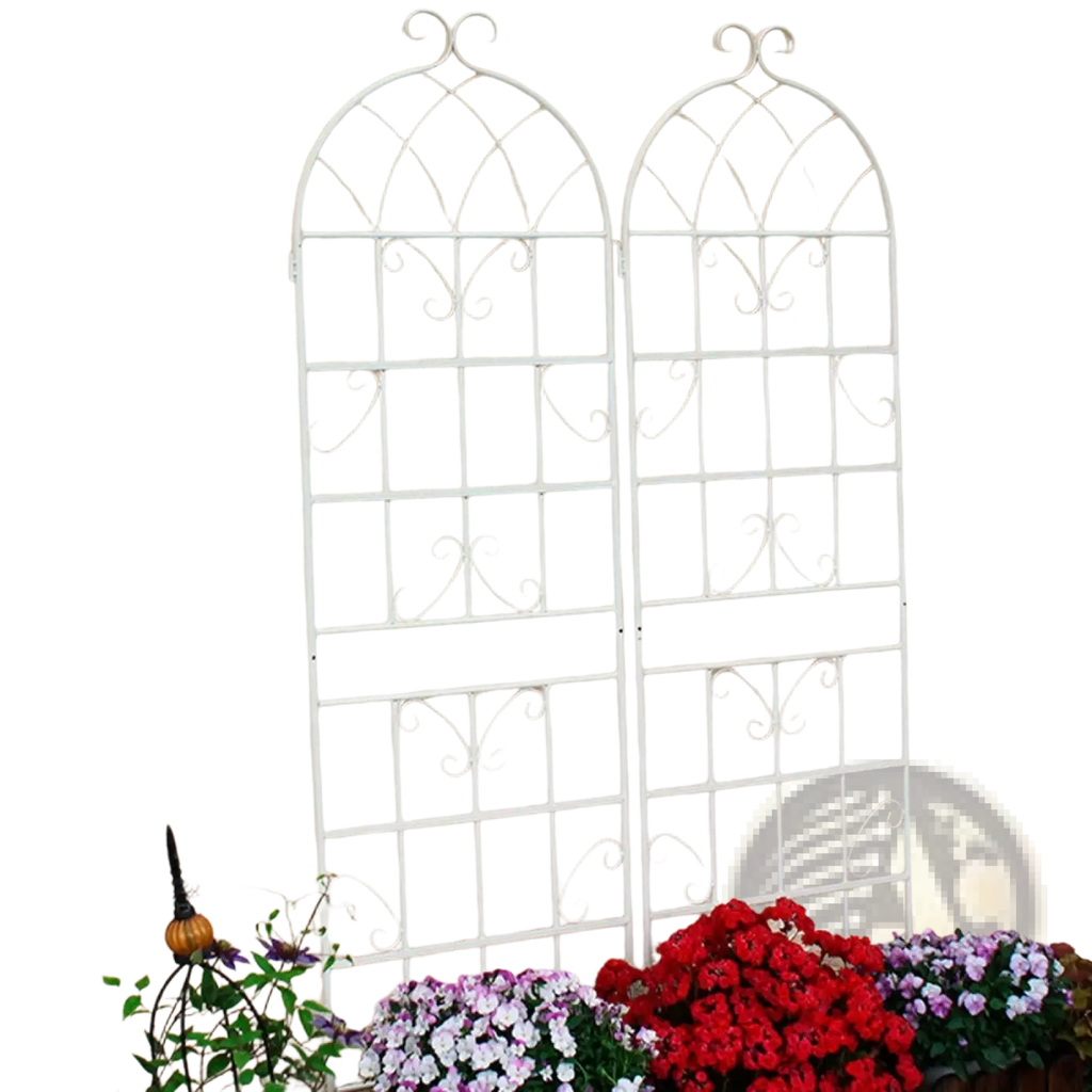 White wrought iron garden trellis with ornate scrollwork and arched top metal garden trellis 4 pack 71 inch iron support