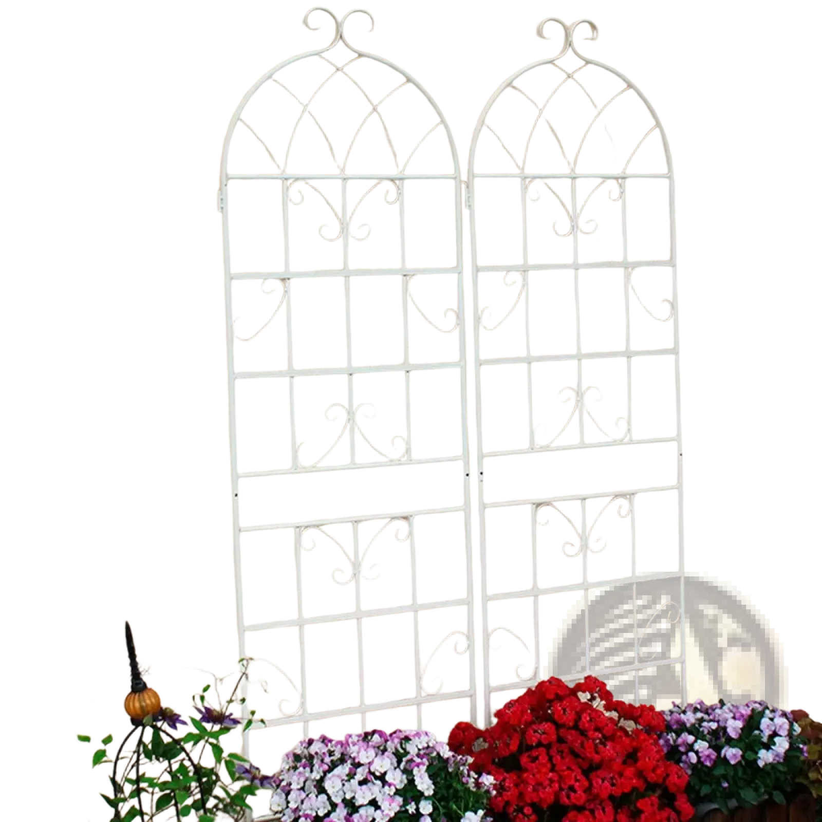 White wrought iron garden trellis with ornate scrollwork and arched top metal garden trellis 4 pack 71 inch iron support