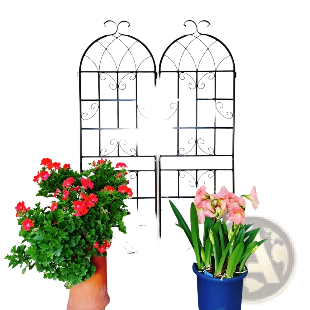 Black wrought iron garden trellis with arched top and scrollwork design metal support for plants 71 inch height