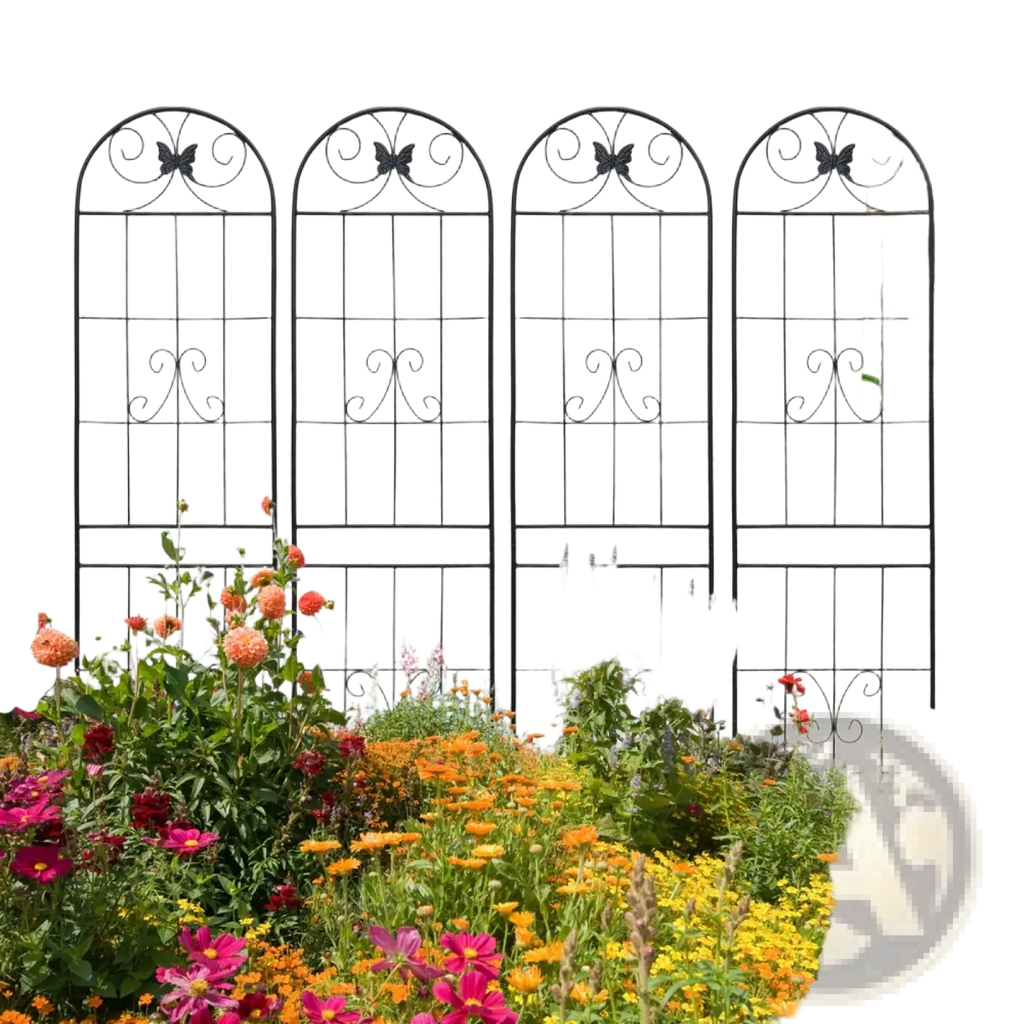 Four black wrought iron garden trellises with arched tops and butterfly motifs metal garden trellis 4 pack 87 inch
