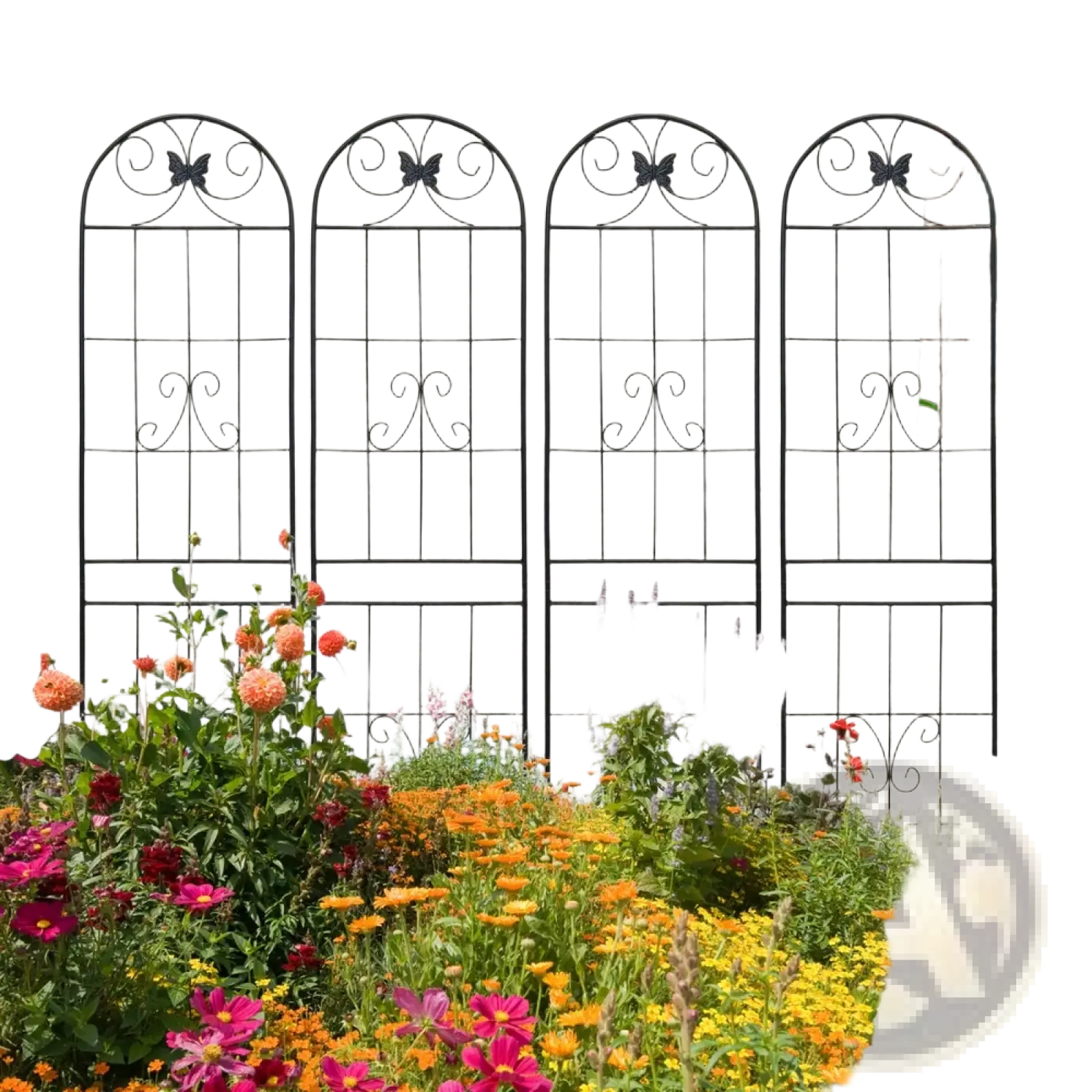 Four black wrought iron garden trellises with arched tops and butterfly motifs metal garden trellis 4 pack 87 inch