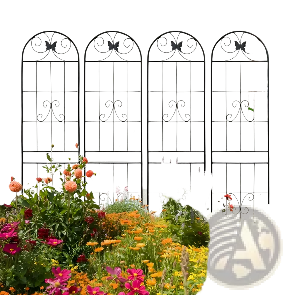 Black wrought iron metal garden trellis 87 inch with butterfly motifs and arched top 4 pack
