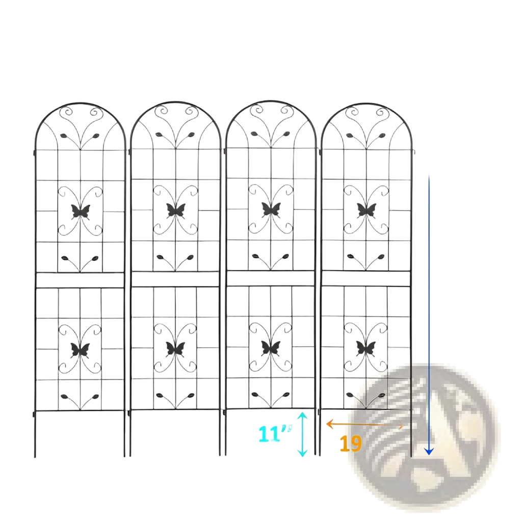 Black wrought iron metal garden trellis 4 pack with ornate butterfly scrollwork and vine designs measuring 86.7 inches