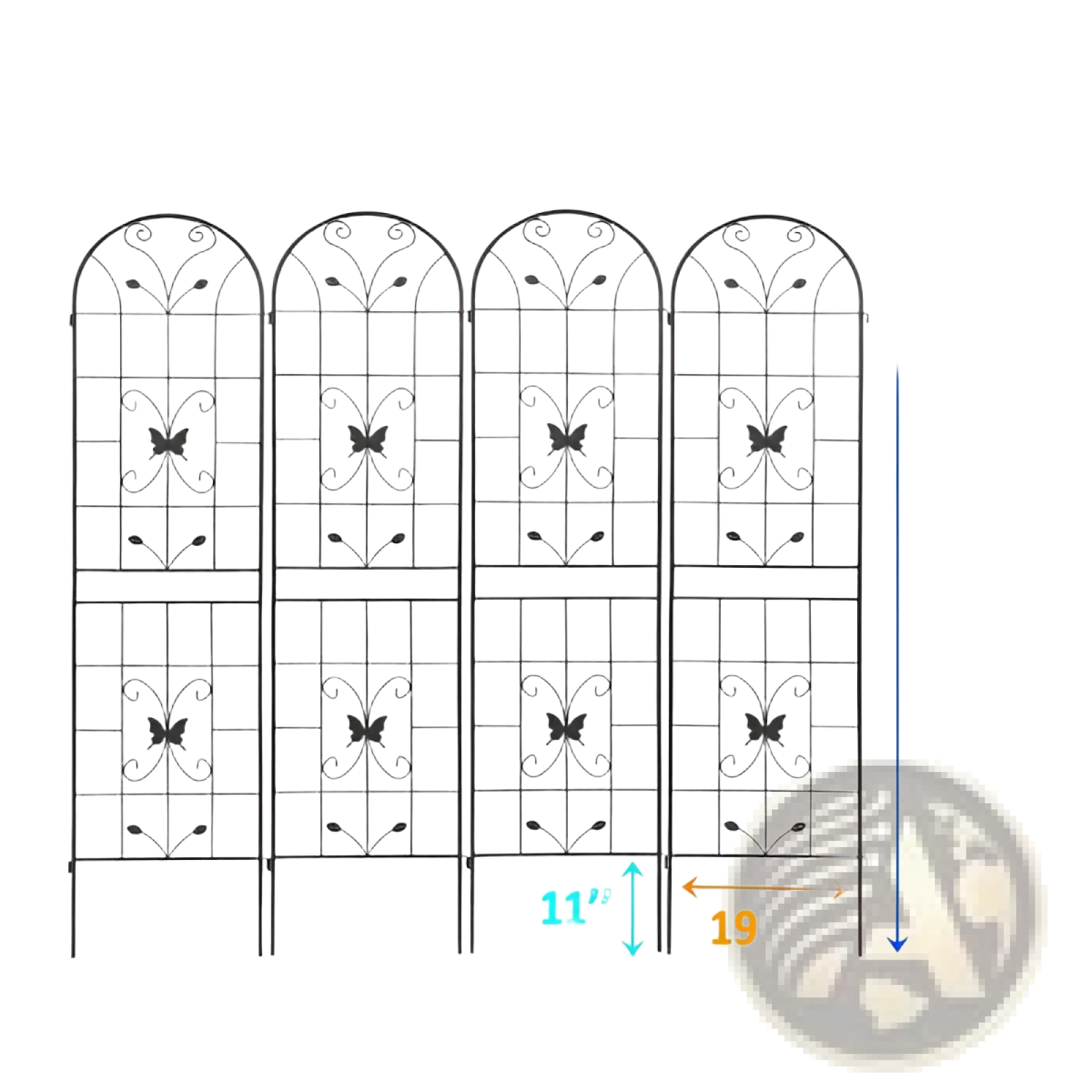 Black wrought iron metal garden trellis 4 pack with ornate butterfly scrollwork and vine designs measuring 86.7 inches