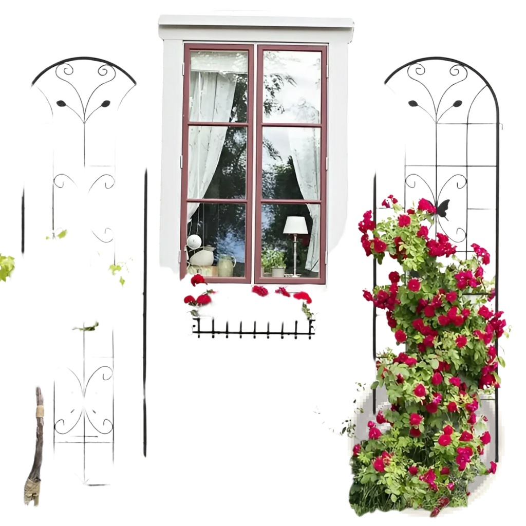 Black wrought iron metal garden trellis 4 pack featuring ornate butterfly scrollwork design 86.7 inches tall