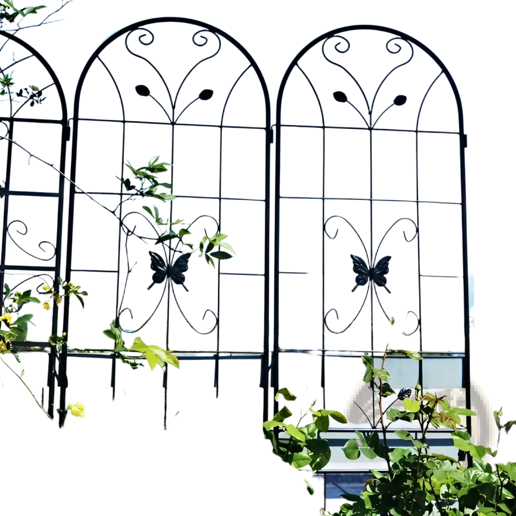Black wrought iron metal garden trellis 4 pack with ornate scrollwork and butterfly motifs measuring 86.7 inches