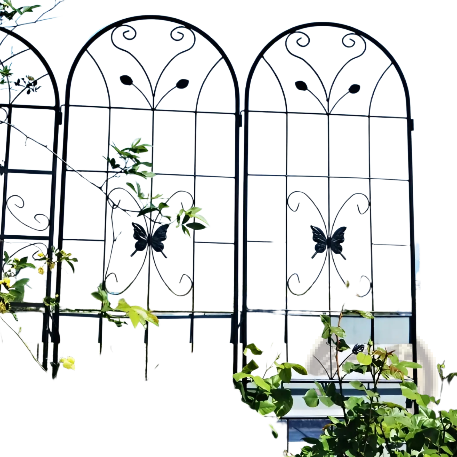 Black wrought iron metal garden trellis 4 pack with ornate scrollwork and butterfly motifs measuring 86.7 inches