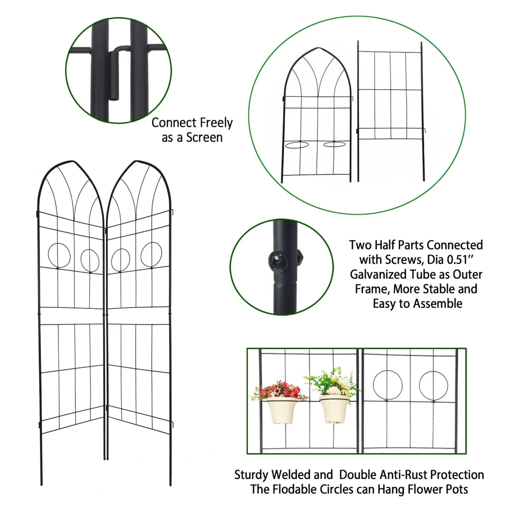 Black galvanized metal garden trellis 4 pack with arched top and circular hanging plant holders for climbing plants