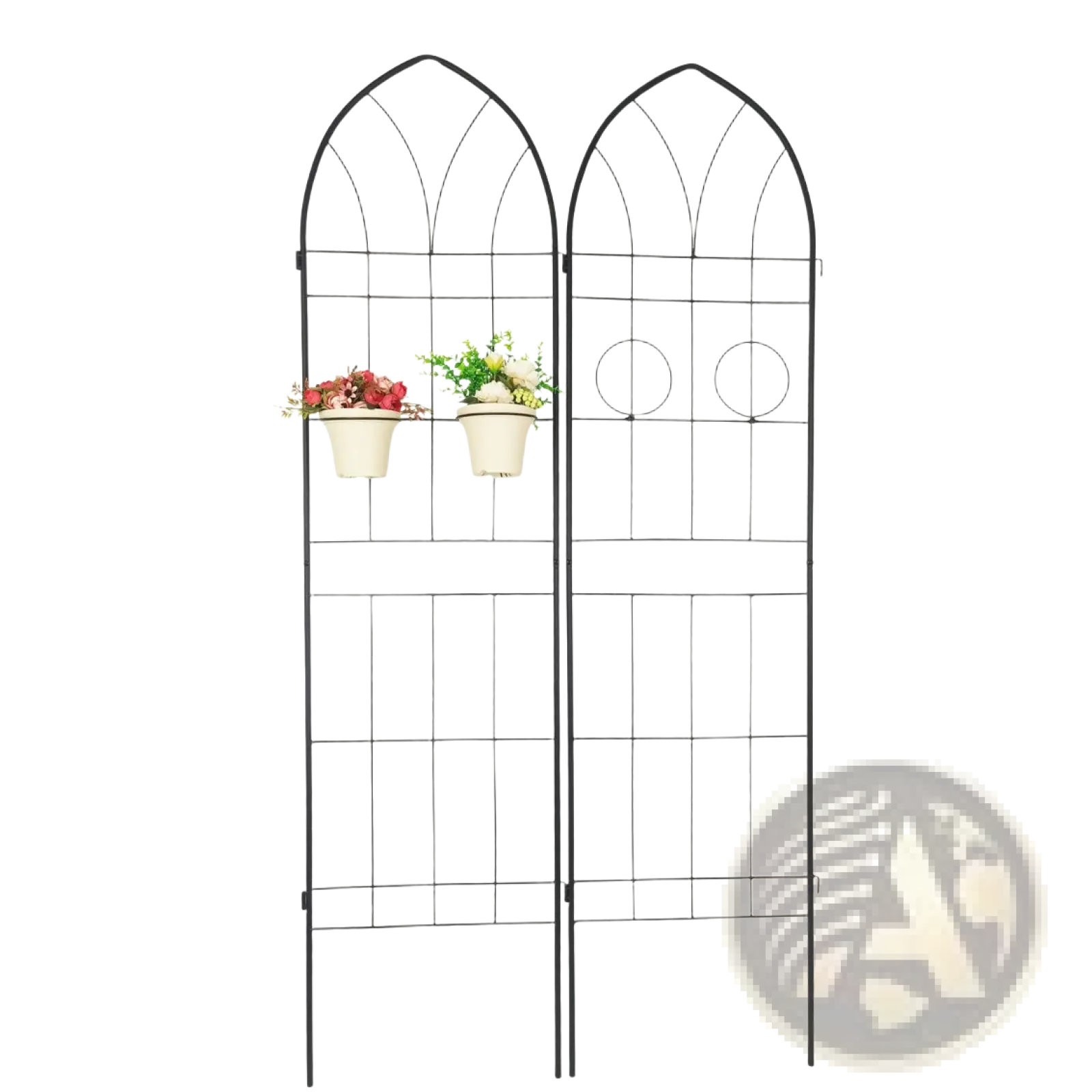 Black wrought iron metal garden trellis with arched top and circular cutouts featuring two hanging white planters