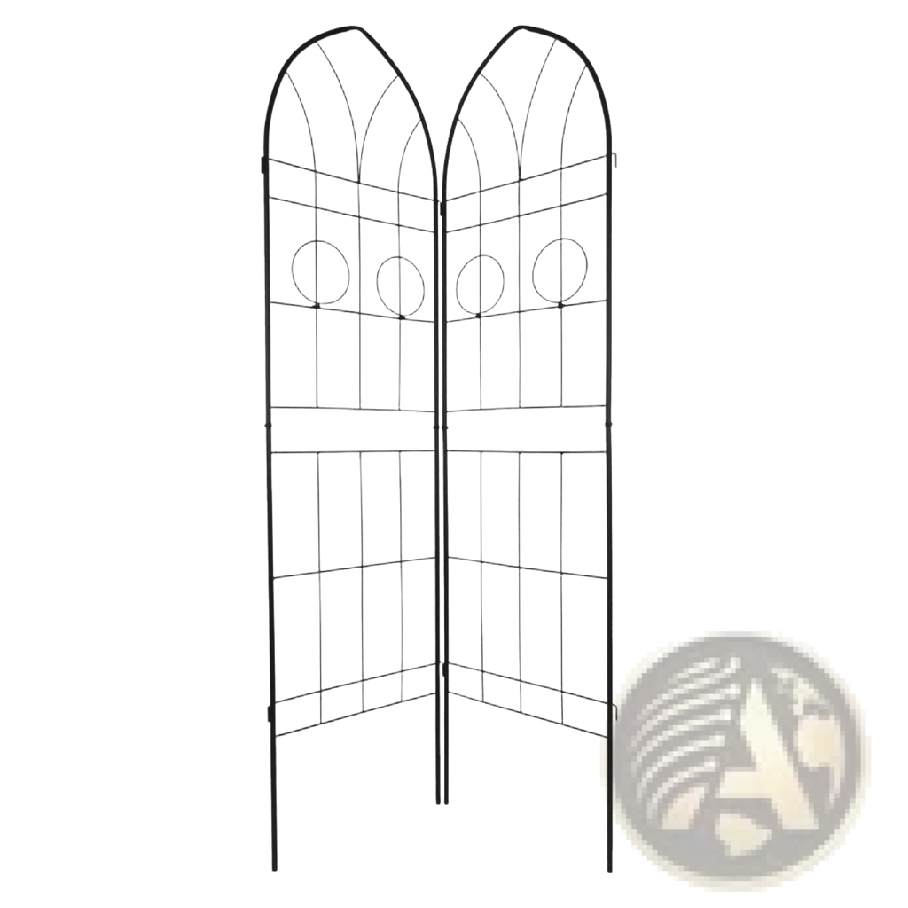 Black wrought iron metal garden trellis with arched top and circular cutouts for climbing plants 4 pack