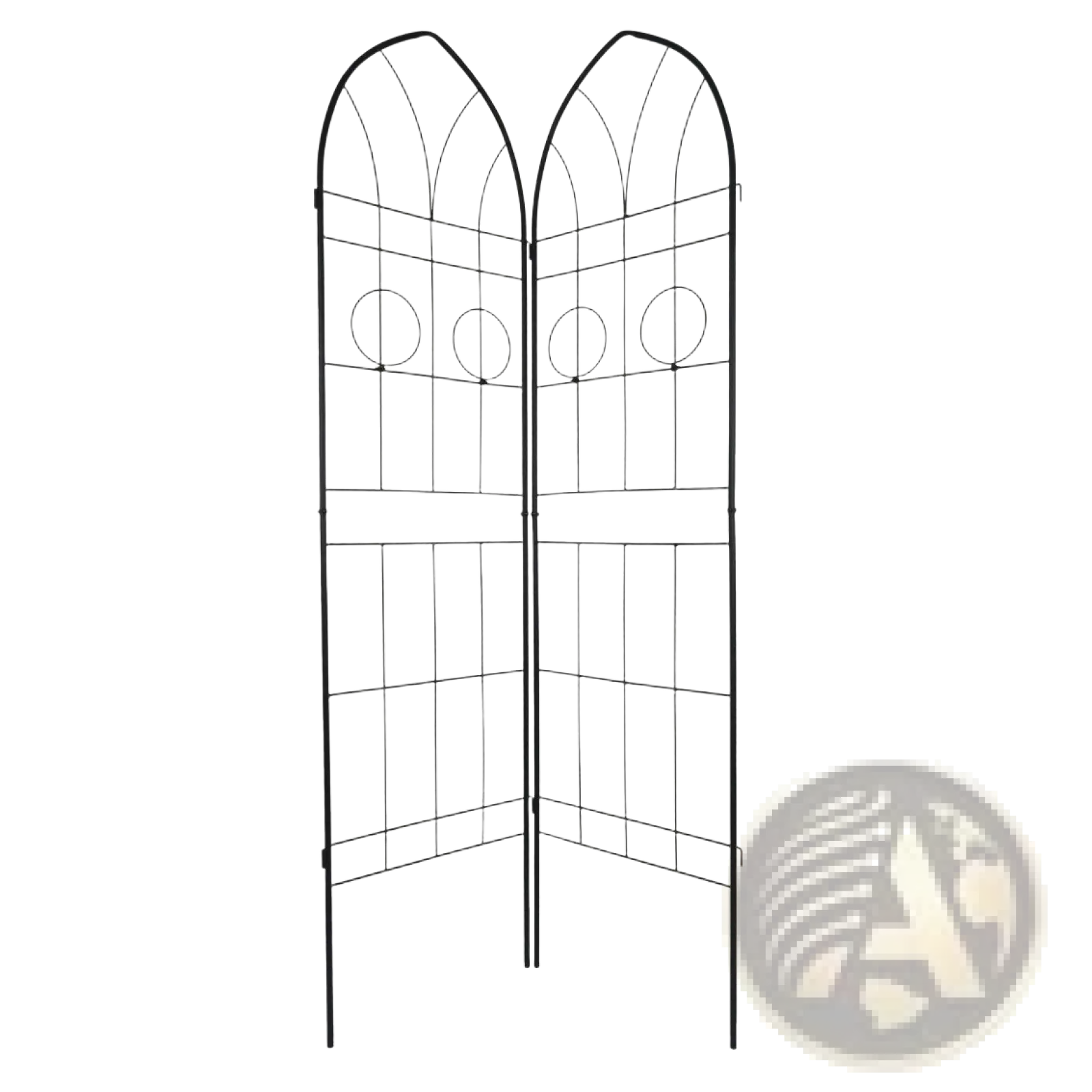 Black wrought iron metal garden trellis with arched top and circular cutouts for climbing plants 4 pack