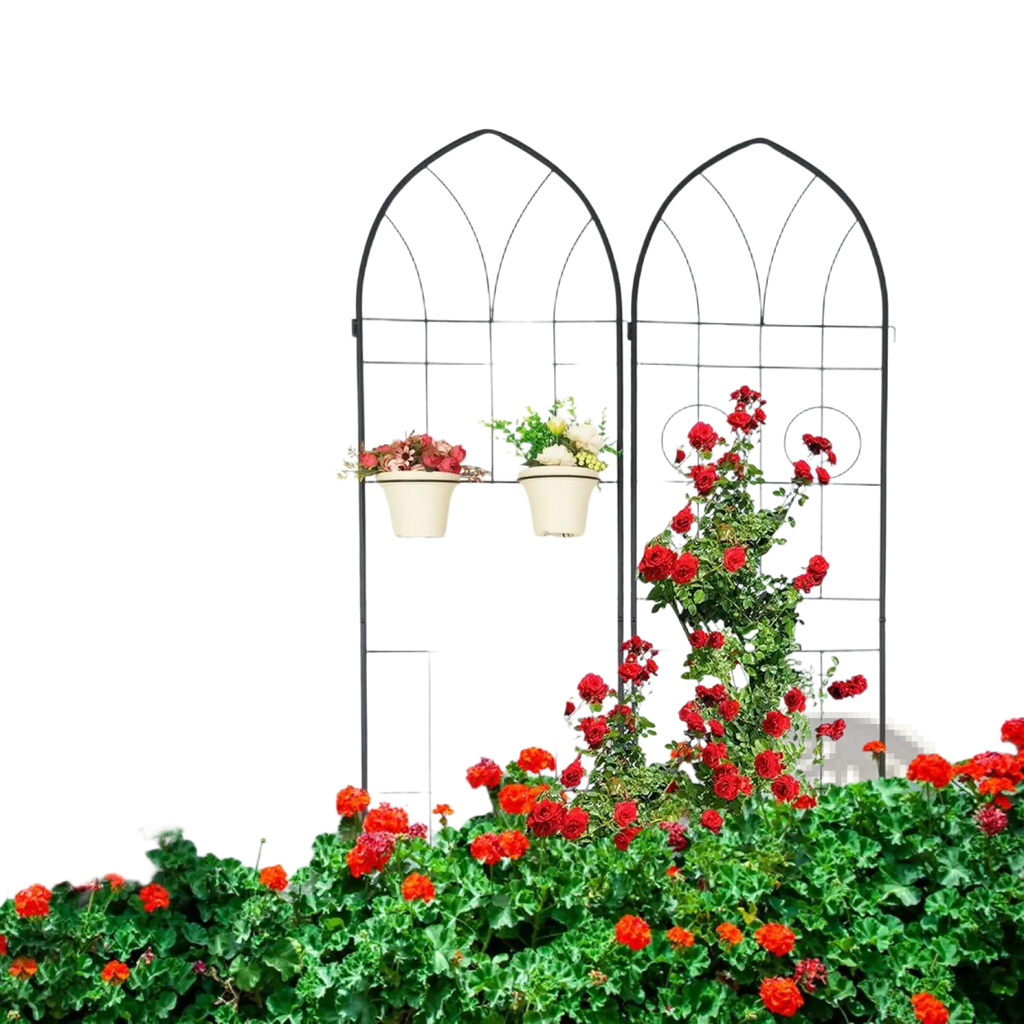 Black wrought iron metal garden trellis 4 pack with arched top and circular accents holding hanging planters