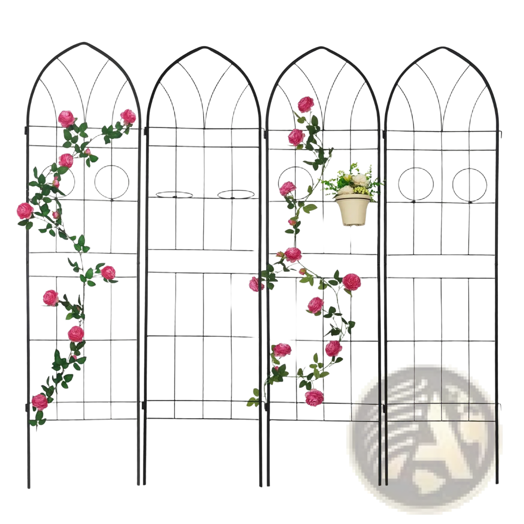Black metal garden trellis with arched top and circular cutouts adorned with artificial pink roses climbing plants