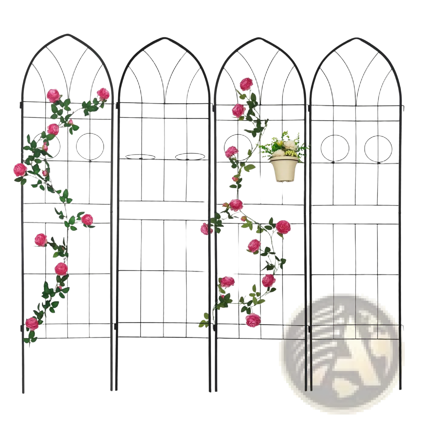Black metal garden trellis with arched top and circular cutouts adorned with artificial pink roses climbing plants