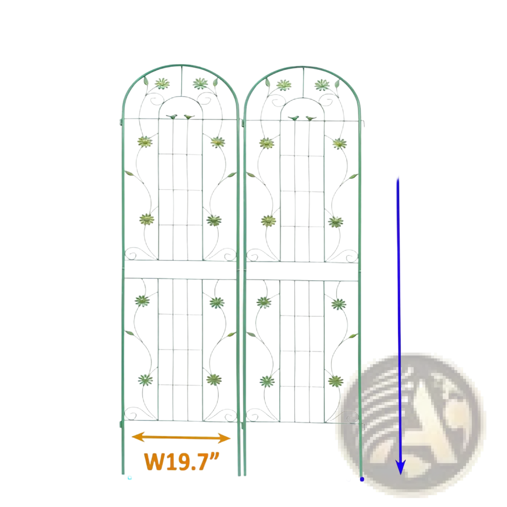 Green metal garden trellis with floral vine design for climbing plants included in a 4 pack set