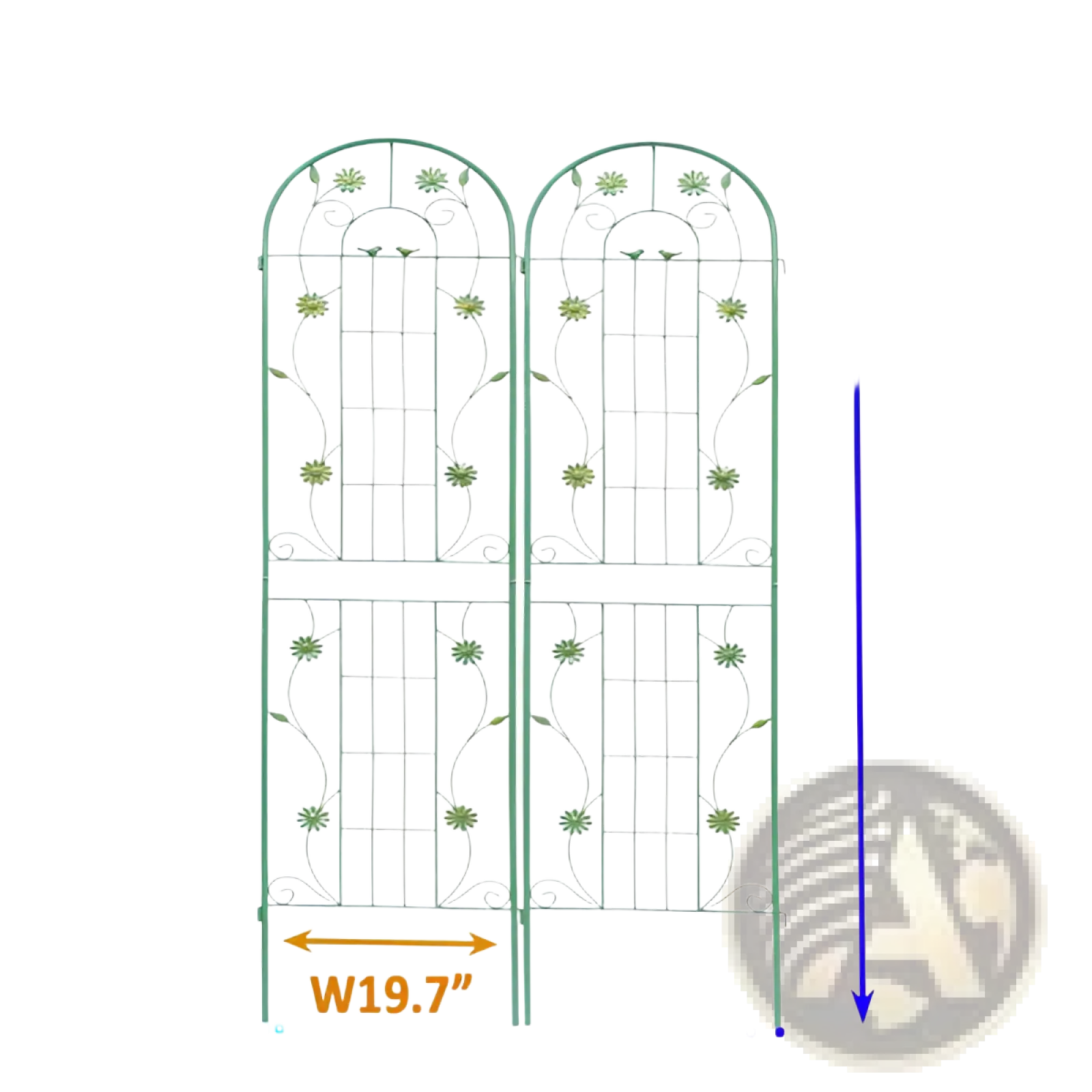 Green metal garden trellis with floral vine design for climbing plants included in a 4 pack set