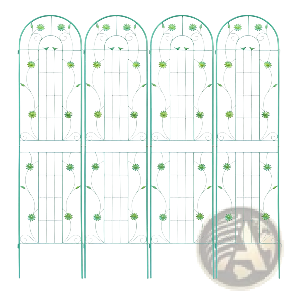 Teal-green wrought iron metal garden trellis with arched top and floral embellishments for climbing plants 4 pack