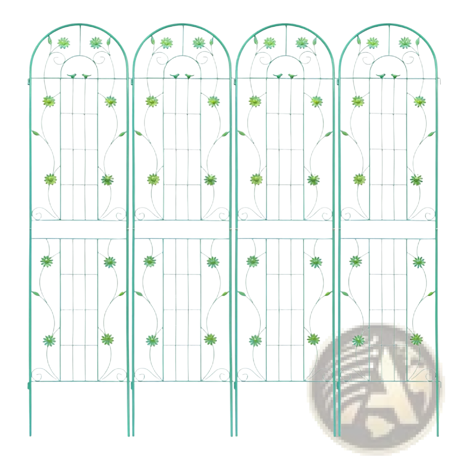 Teal-green wrought iron metal garden trellis with arched top and floral embellishments for climbing plants 4 pack
