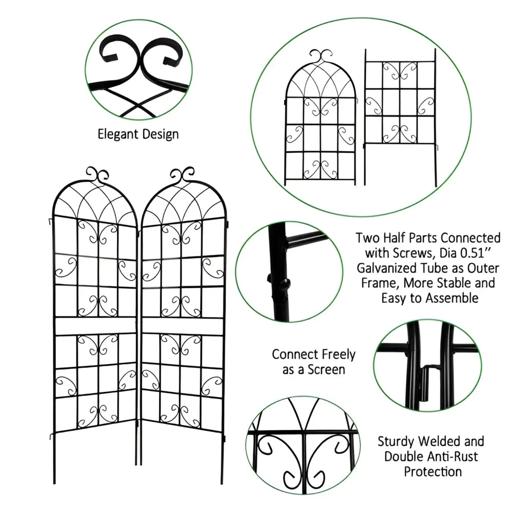 Black wrought iron metal garden trellis with ornate scrollwork and arched top for plant support 2 pack