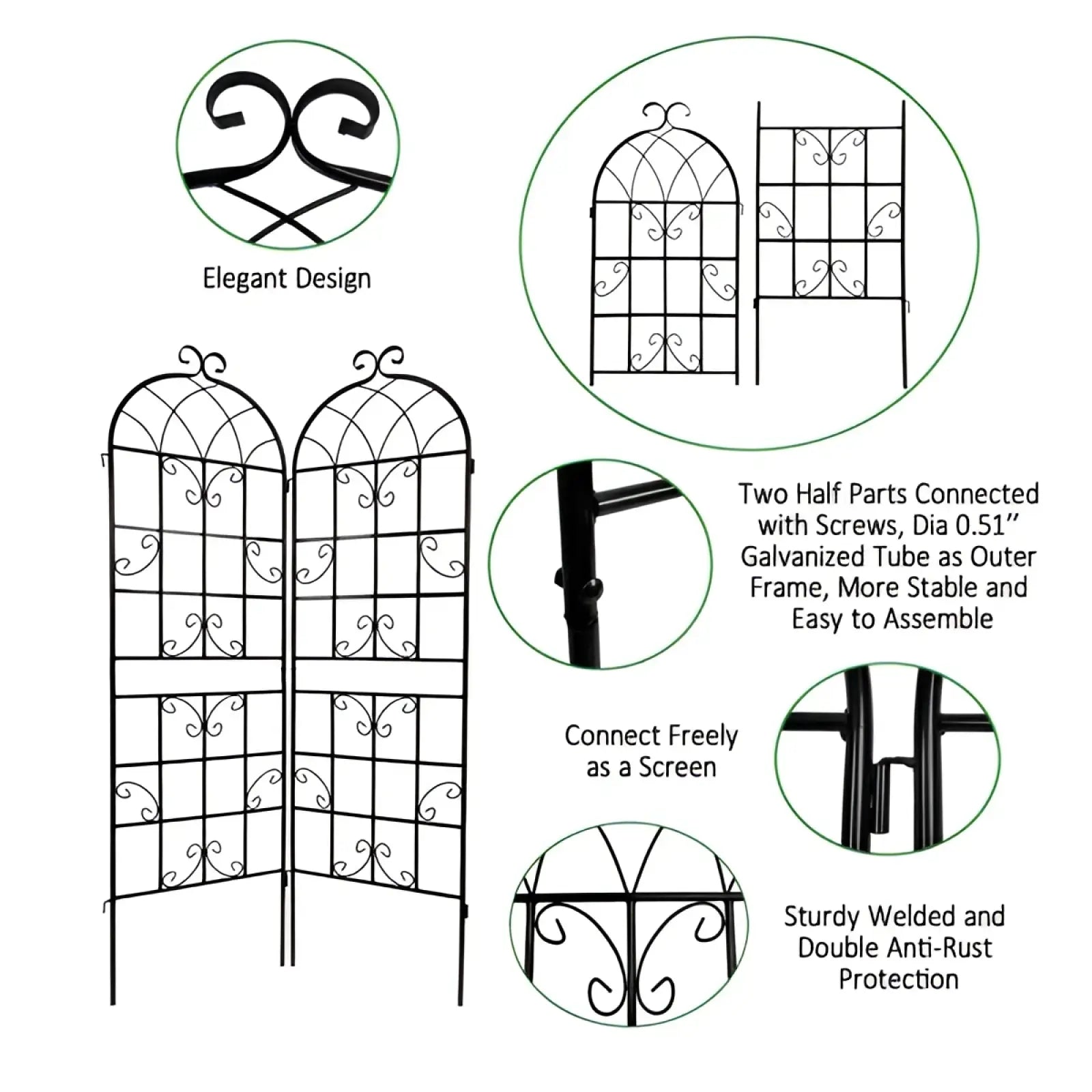 Black wrought iron metal garden trellis with ornate scrollwork and arched top for plant support 2 pack