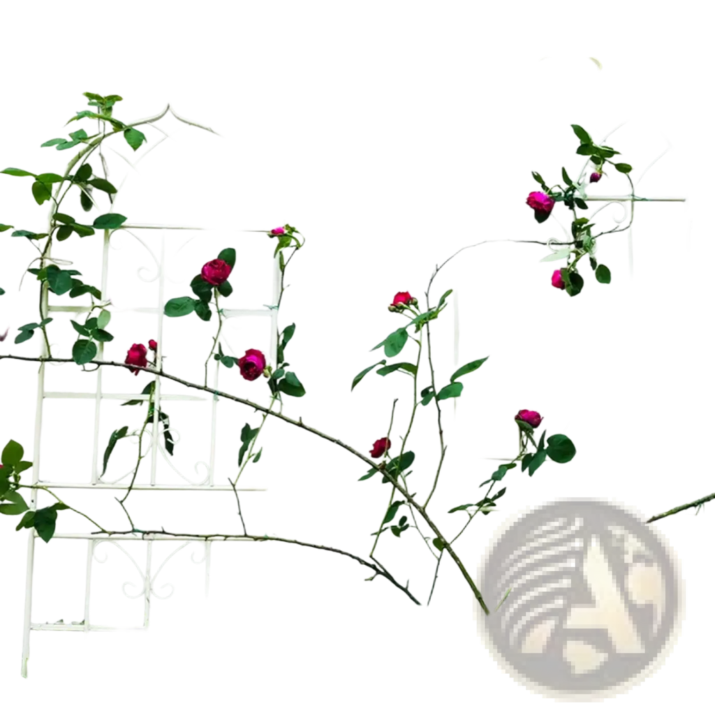 White wrought iron garden trellis with arched top and scrollwork adorned with climbing pink roses and green foliage