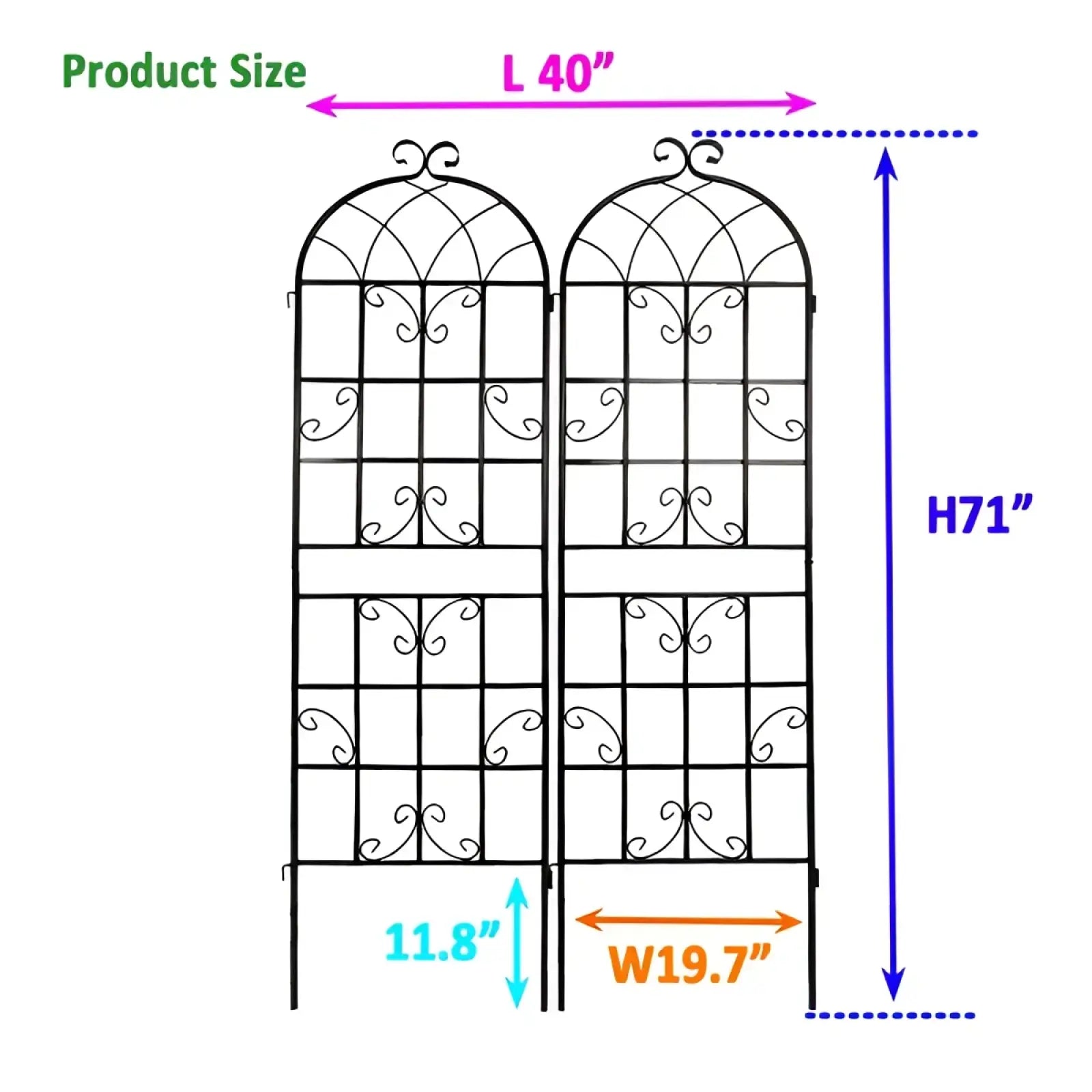 Black wrought iron garden trellis with arched top and decorative scrollwork metal plant support 71 inch 2 pack