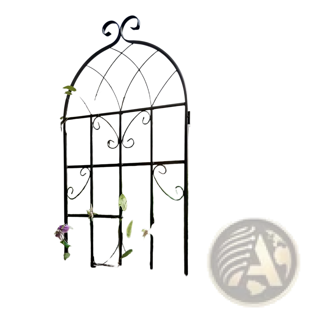 Black wrought iron metal garden trellis 71 inch arched plant support with ornate scrollwork and grid pattern 2 pack