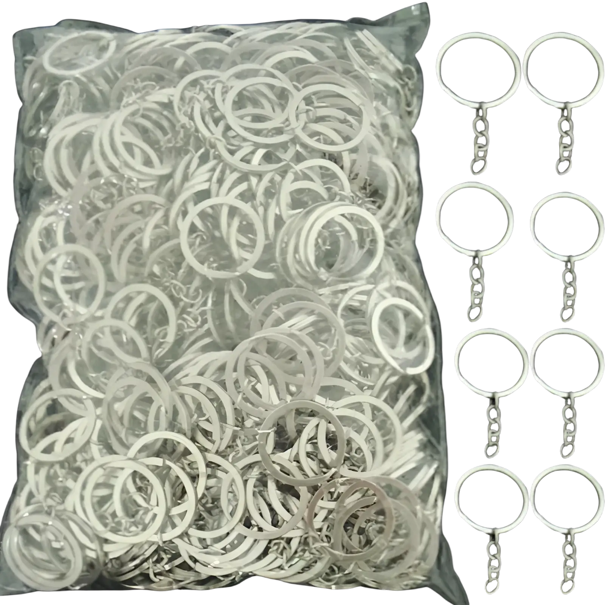 A clear plastic bag containing numerous silver metal keychains with split rings and small attached chains