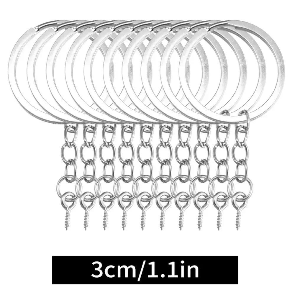 Set of silver-toned metal keychains with split rings chains and screw hooks measuring 3cm diameter each