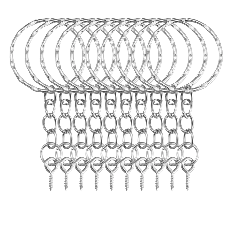 Set of silver-toned metal keychains with split rings chains and screw-ended hooks for secure attachment