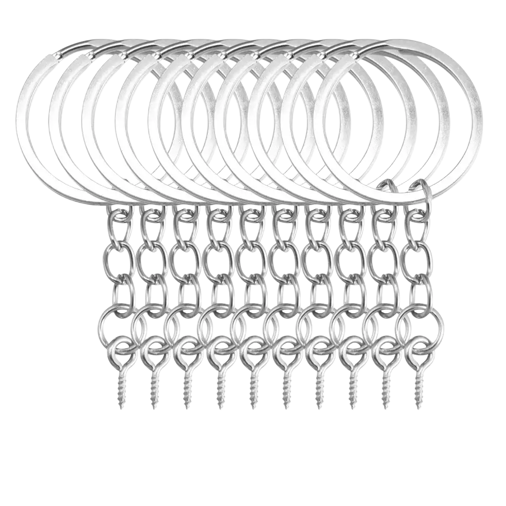 Set of silver-toned metal keychains with split rings chains and screw-ended hooks for secure attachment