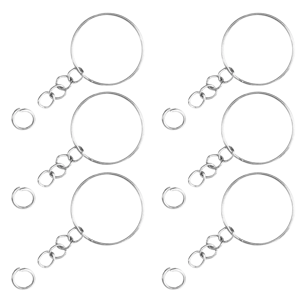 Set of six silver-toned metal keychains with split rings, short chain links, and separate jump rings for keys