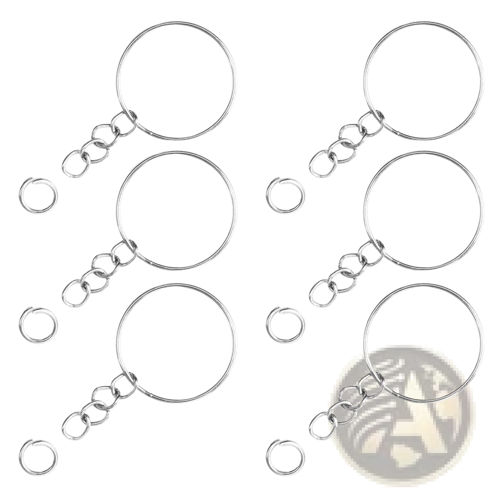 Set of six silver-toned metal keychains with split rings, short chain links, and separate jump rings for keys