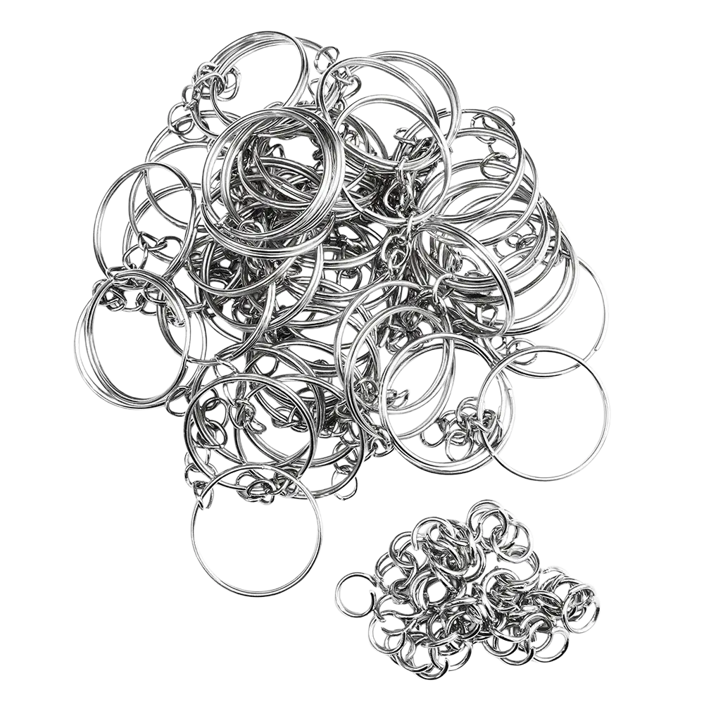 Shiny silver metal keychains with split rings and interlocking chain links made of durable metal