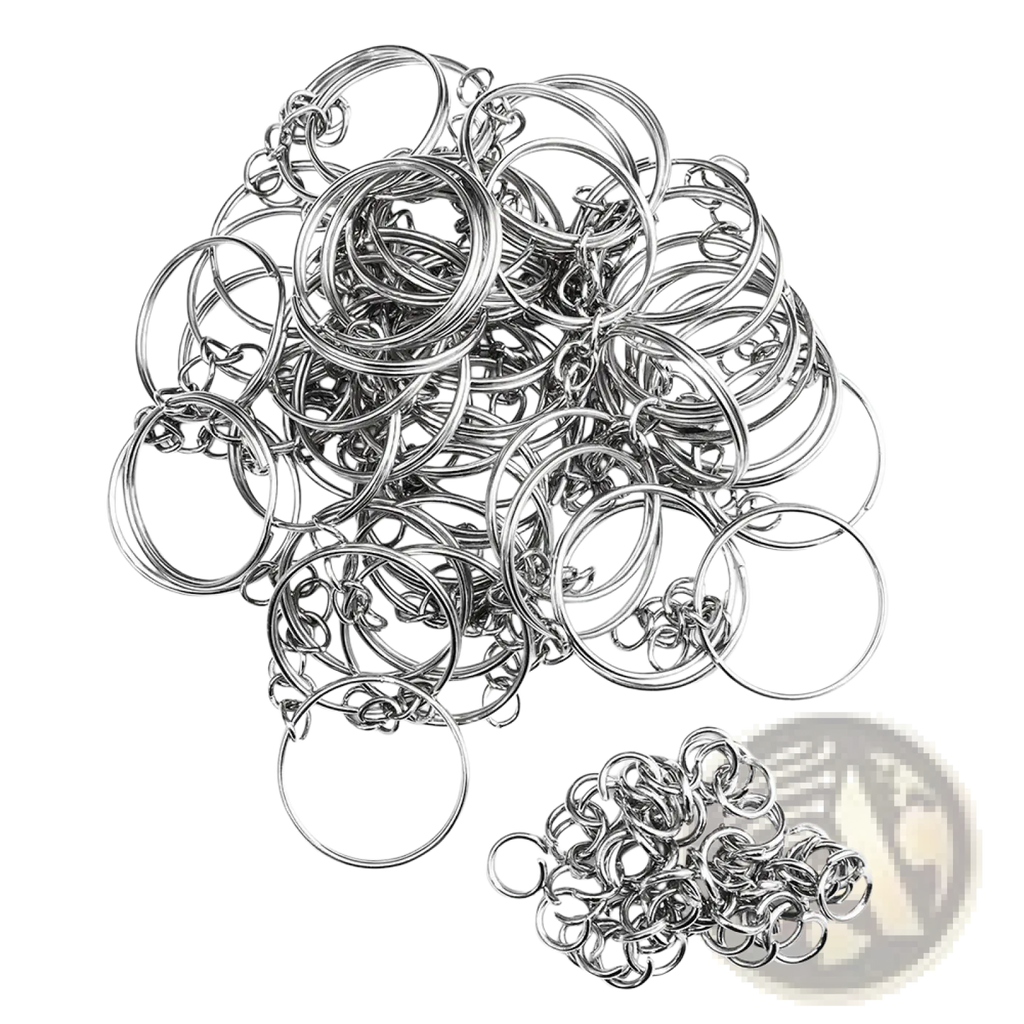Shiny silver metal keychains with split rings and interlocking chain links made of durable metal