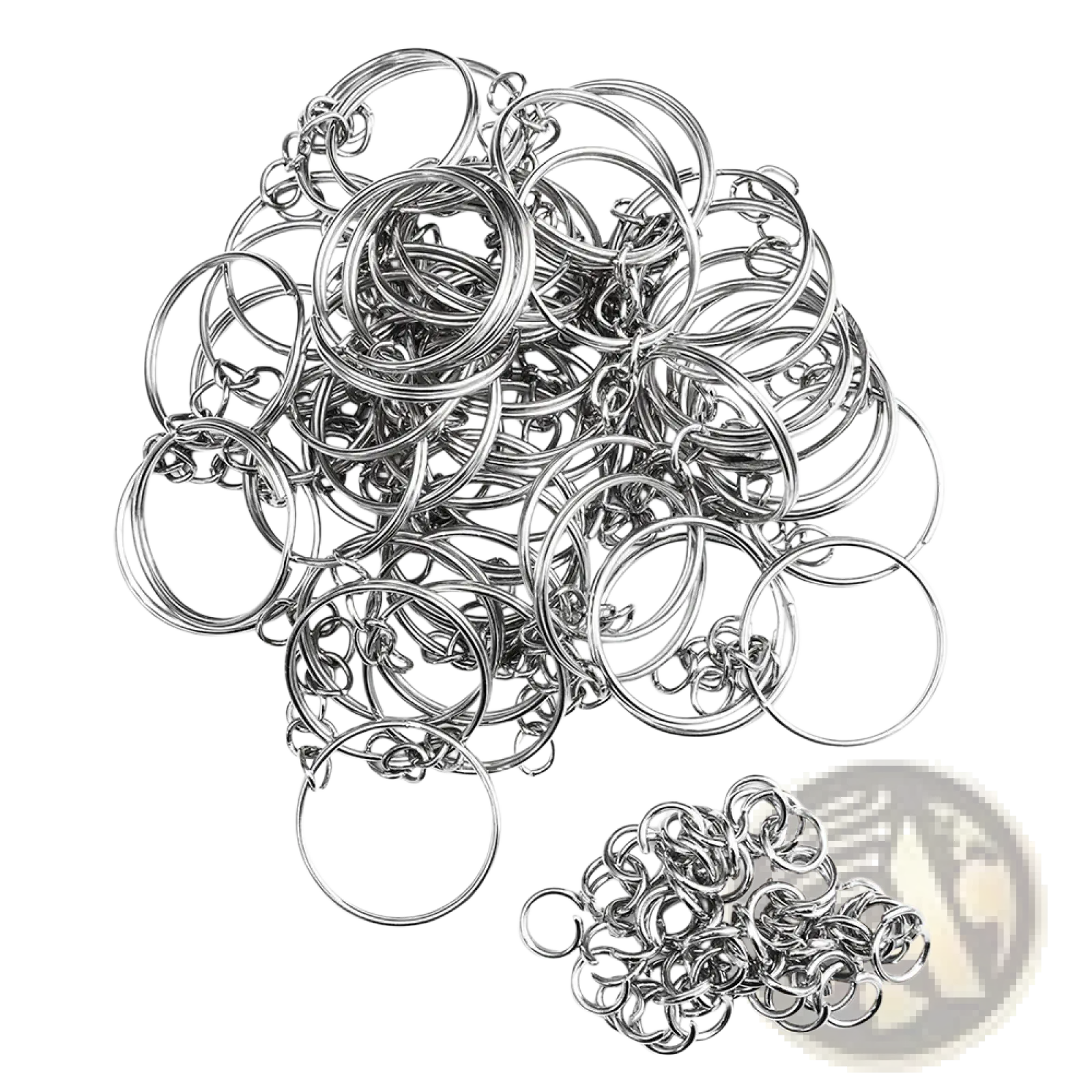 Shiny silver metal keychains with split rings and interlocking chain links made of durable metal