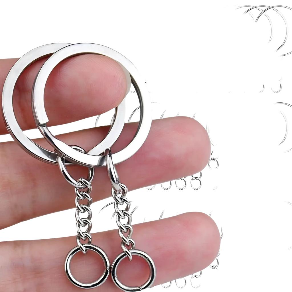 Silver metal key ring with attached chain and small circular rings designed for metal keychains with split rings and chains