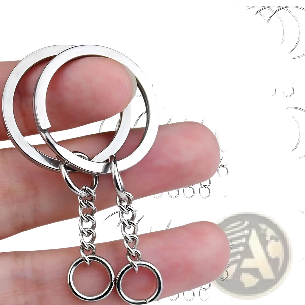 Silver metal key ring with attached chain and small circular rings designed for metal keychains with split rings and chains