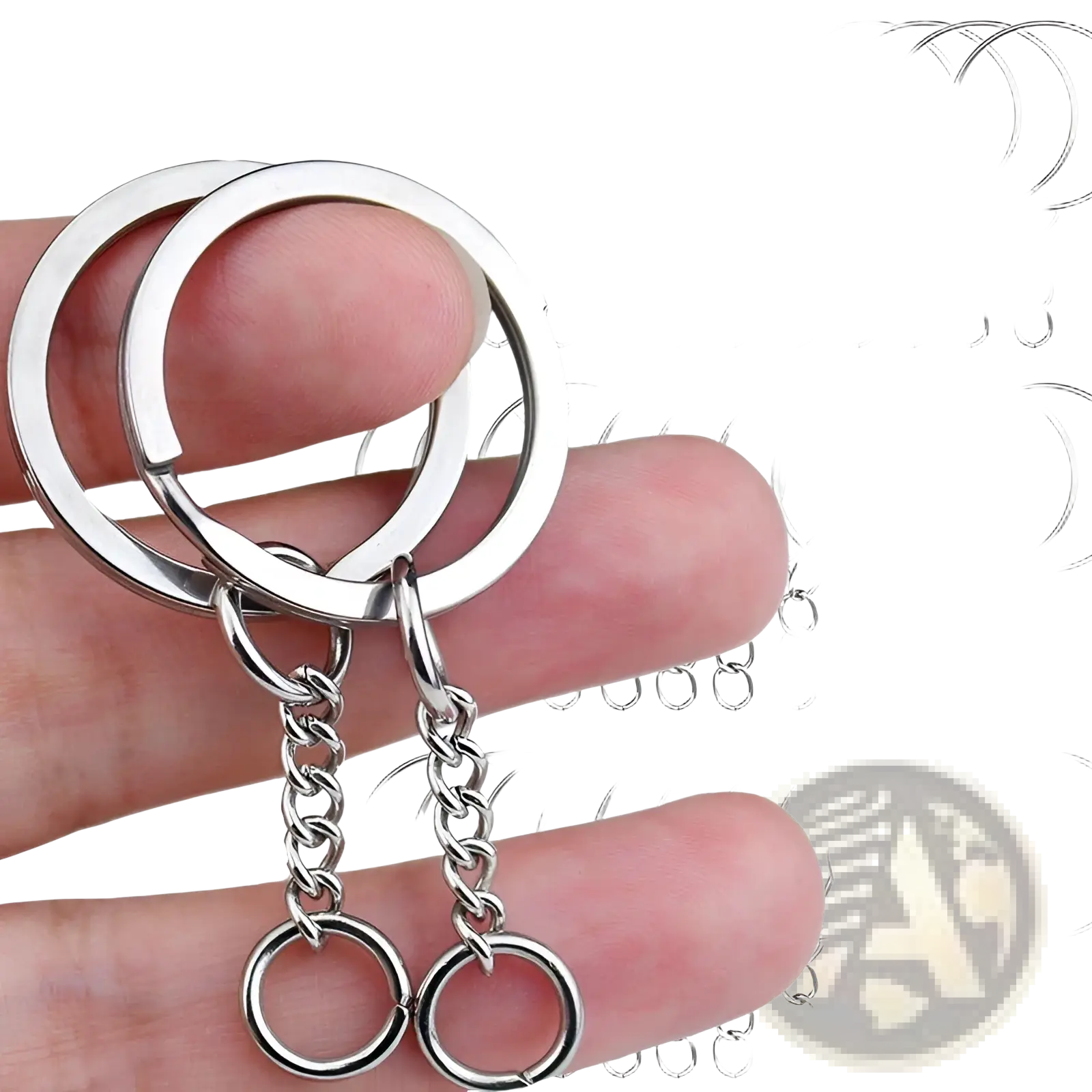 Silver metal key ring with attached chain and small circular rings designed for metal keychains with split rings and chains