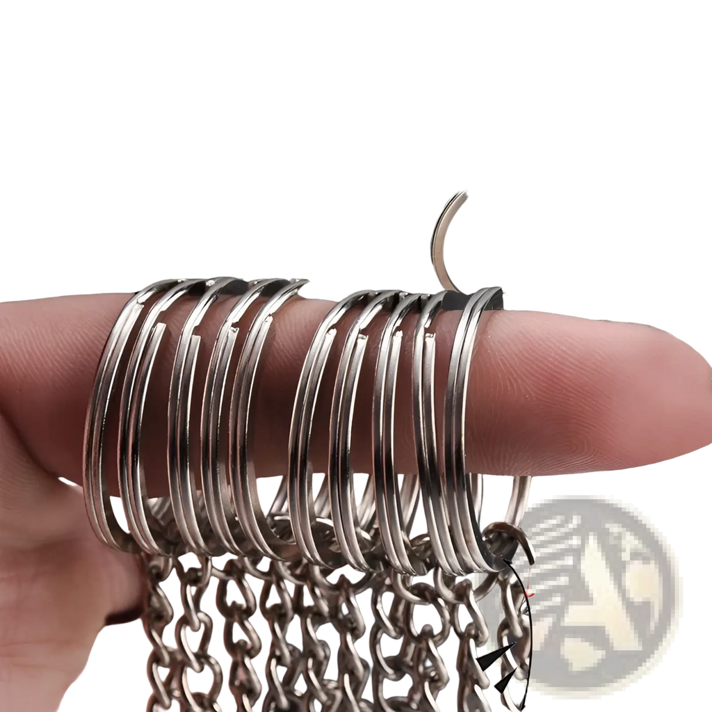 A stack of silver-toned metal keychains with split rings and chains featuring a smooth polished finish