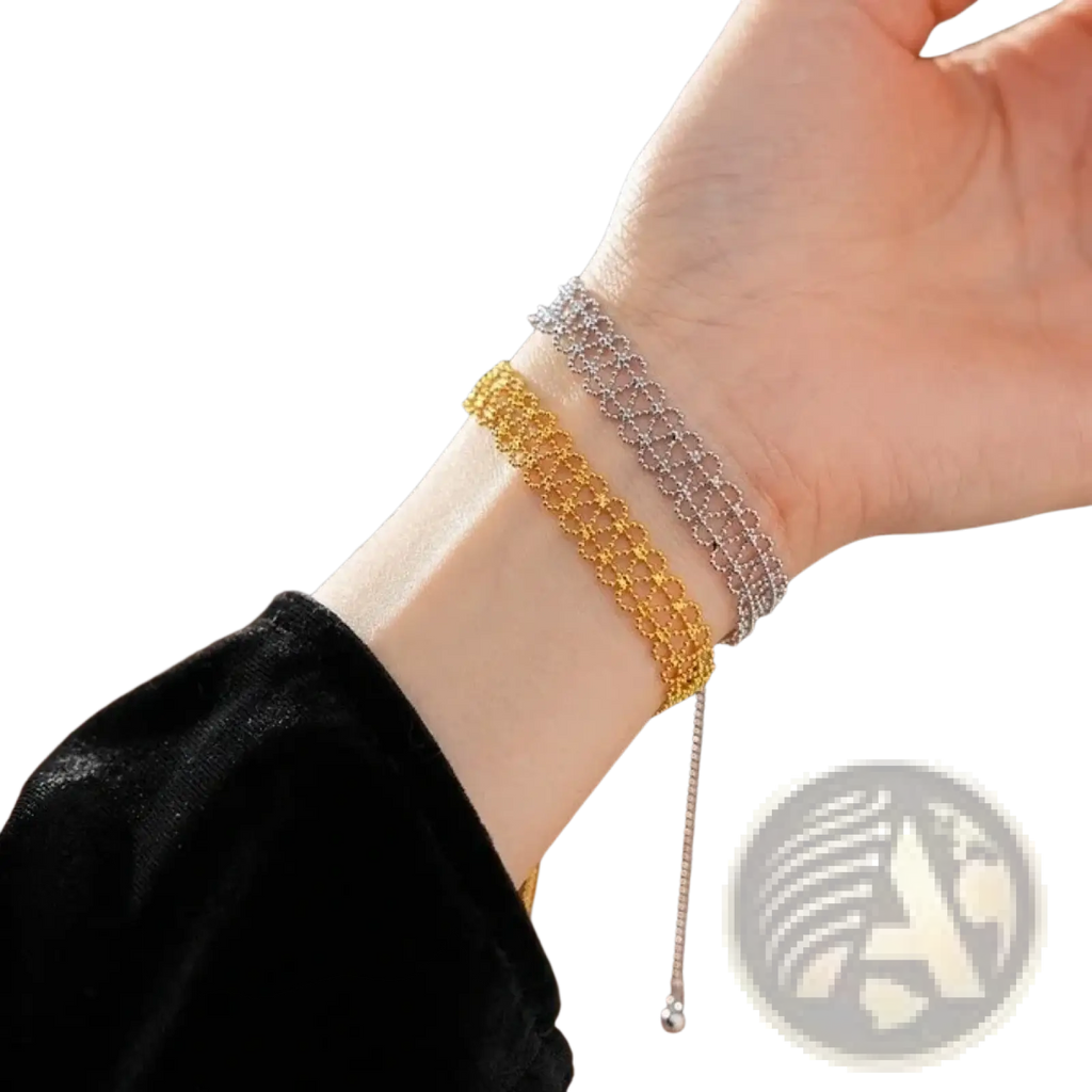 Metal lace bracelet adjustable fashion jewelry in gold and silver tones with delicate multi-strand mesh design and bead charm