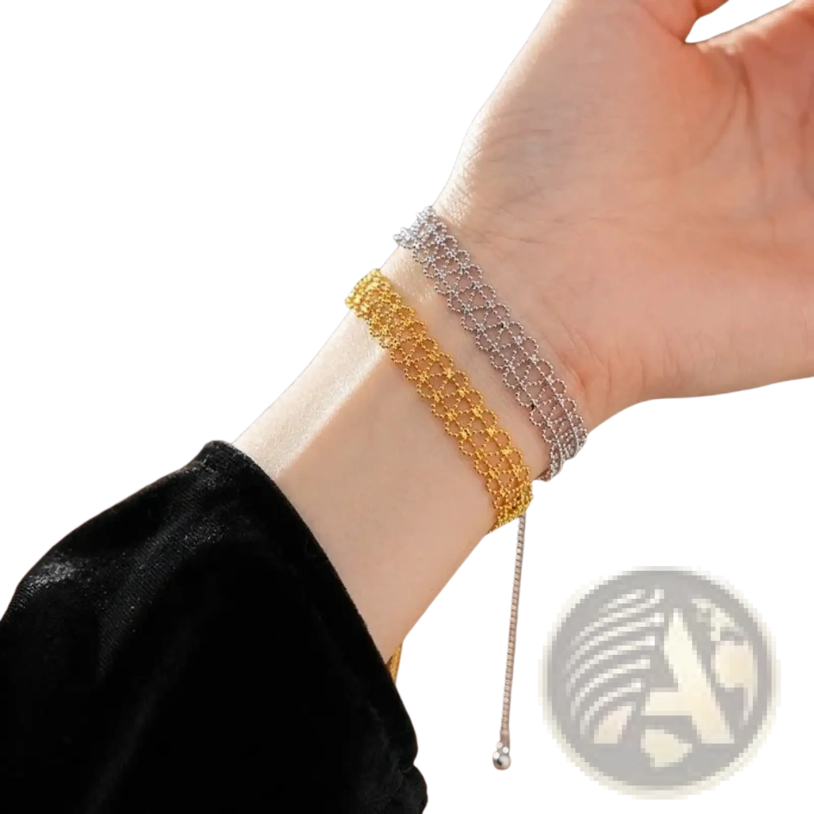 Metal lace bracelet adjustable fashion jewelry in gold and silver tones with delicate multi-strand mesh design and bead charm