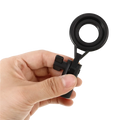 Black metal microphone stand clip with adjustable mount and ergonomic handle featuring a circular lens magnifier