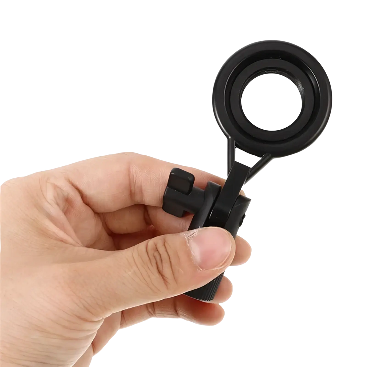 Black metal microphone stand clip with adjustable mount and ergonomic handle featuring a circular lens magnifier