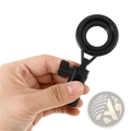 Black metal microphone stand clip with adjustable mount and ergonomic handle featuring a circular lens magnifier