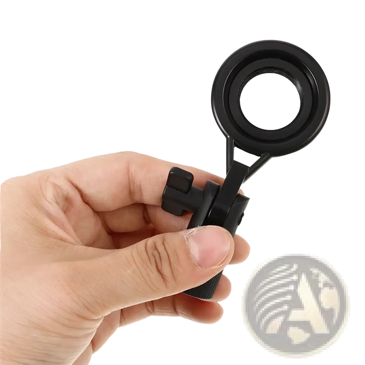Black metal microphone stand clip with adjustable mount and ergonomic handle featuring a circular lens magnifier