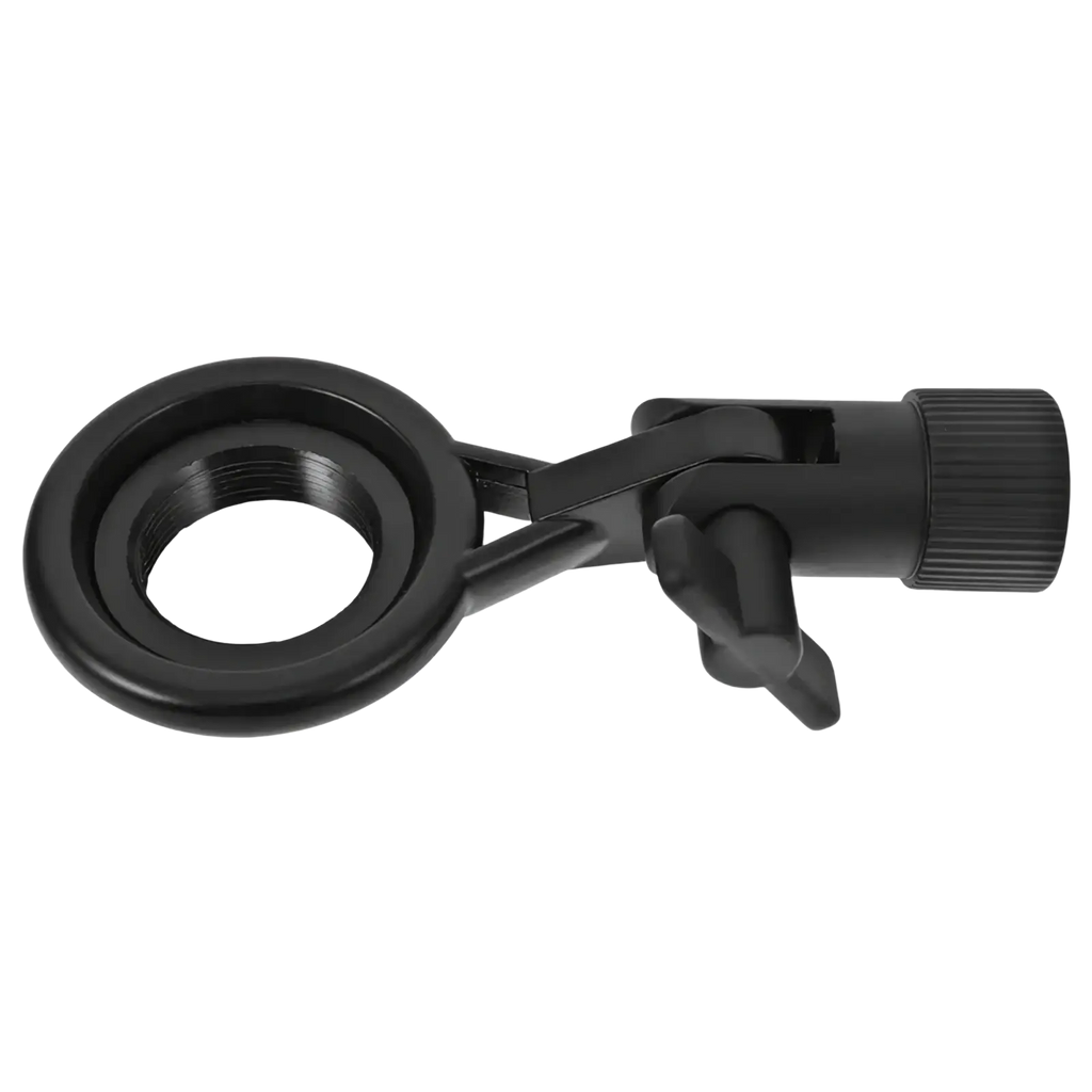 Black plastic microphone stand clip with circular ring and adjustable knob for secure metal mount adjustment
